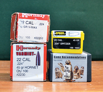 The Hornady 35-grain V-MAX, Hornady 45-grain Hornet, Speer 45-grain Spitzer and Nosler 35-grain Varmageddon Ballistic Tip are good choices for bolt-action and single-shot rifles.
